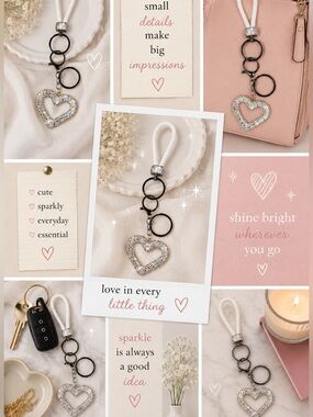 White Rhinestone Heart Keychain Wristlet | Sparkly Purse Charm | Glam Neutral